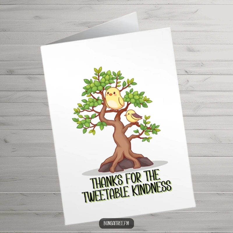 Funny Free Printable Thank You Card depicting a happy bonsai tree with a bird, conveying warm gratitude.