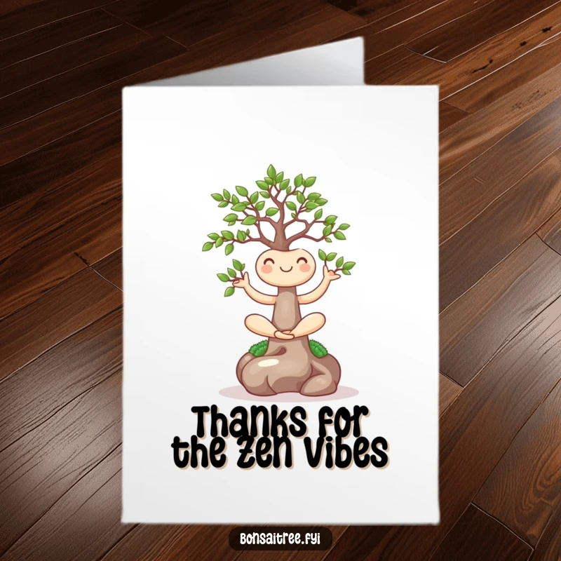 Funny Free Printable Thank You Card featuring a calm bonsai tree meditating in a yoga pose, expressing gratitude.