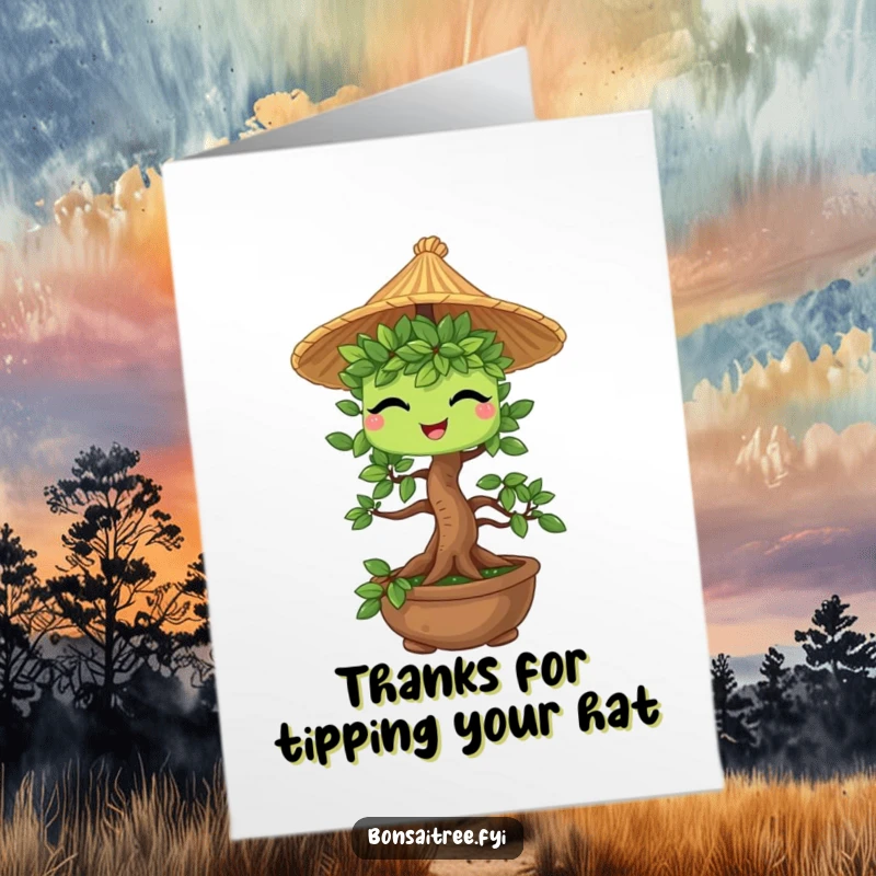Funny Free Printable Thank You Card: A winking bonsai tree character wearing a cute miniature straw hat.