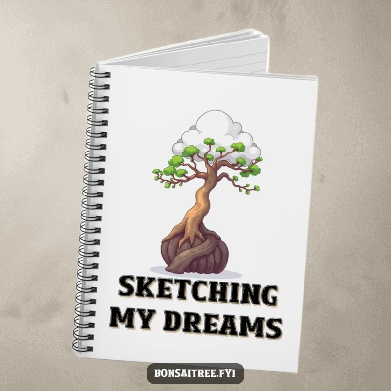 Funny notebook featuring a bonsai tree sculpting a cloud, perfect for journaling artistic ideas and creative thoughts.