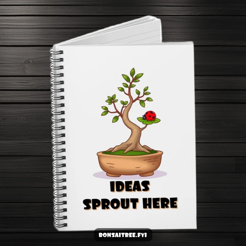 Funny notebook with a bonsai tree and ladybug balancing, ideal for jotting down funny ideas or daily notes.
