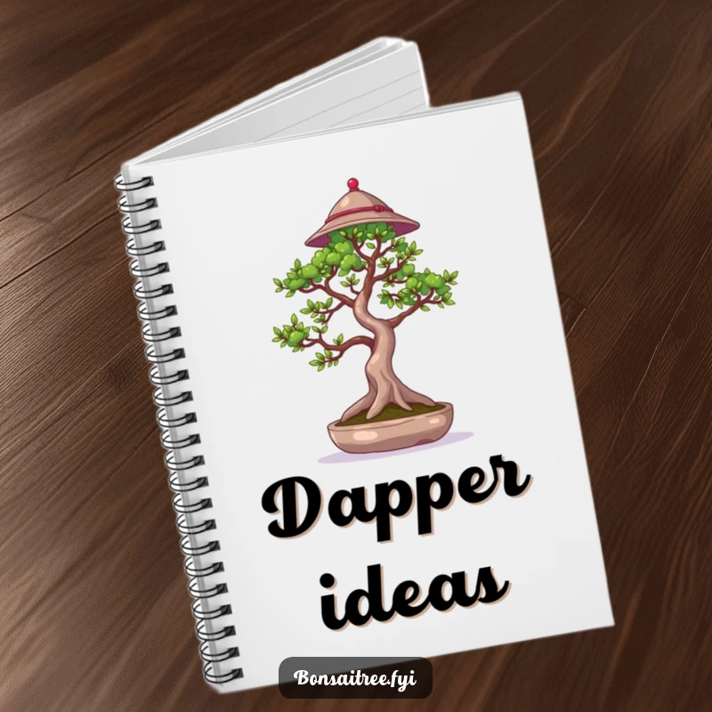 Funny notebook cover with a bonsai tree wearing a tiny hat and waving a branch, inspiring stylish and humorous notes.