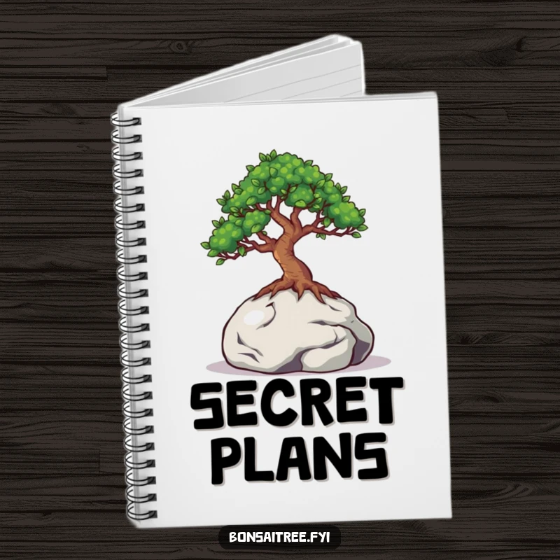 Funny notebook cover with a bonsai tree with eyes peeking from behind a miniature rock, designed to inspire curious and humorous writing.