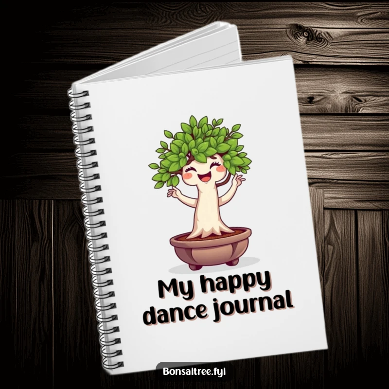Funny Bonsai Tree Notebook with a plump character doing a wiggle dance, ideal for jotting down notes with a touch of plant-based humor.