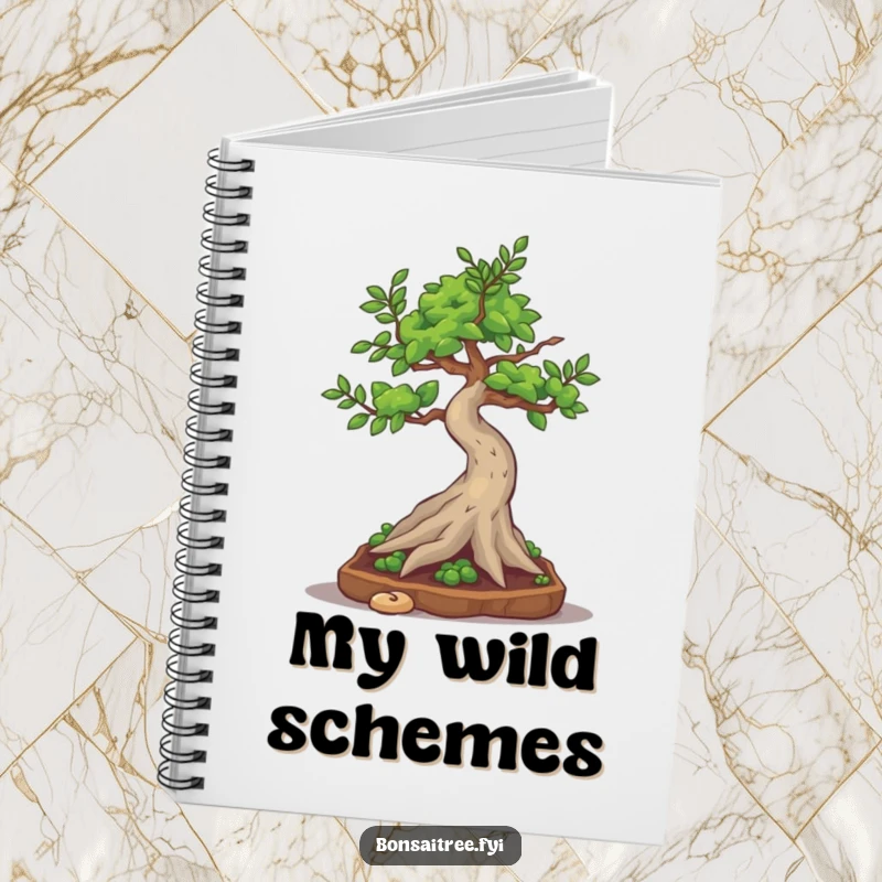 Funny bonsai tree character attempting a silly little somersault, inspiring fun notes in a vibrant notebook.