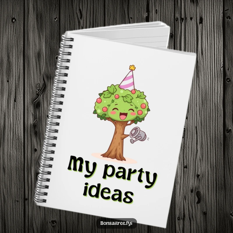 Funny notebook cover with a miniature bonsai tree in a party hat, dancing energetically with a watering can.