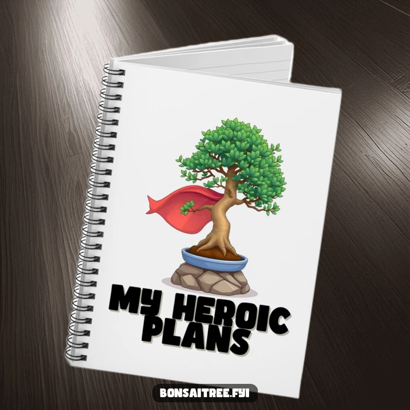 Funny notebook with a bonsai tree wearing a cape and striking a heroic pose, ideal for jotting down brave ideas.