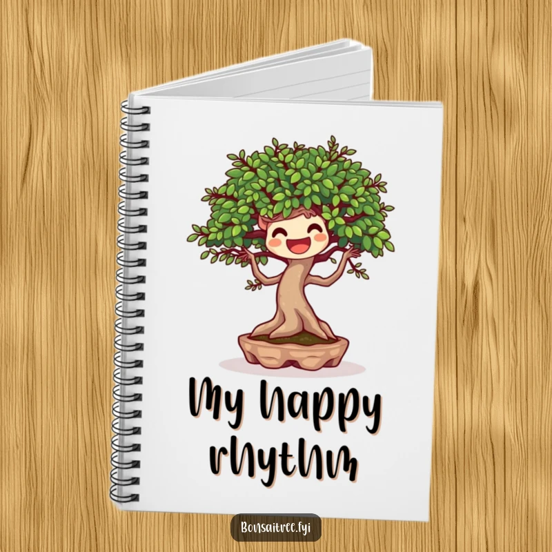 Funny notebook featuring a joyful bonsai tree character dancing with a breeze, perfect for jotting down ideas and inspiration.