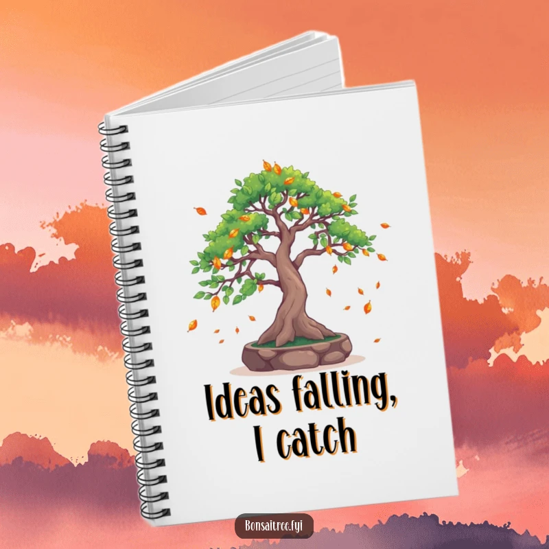 Funny Leaf-Catching Bonsai Tree Notebook: A bonsai catches falling leaves, making note-taking a humorous and serene activity.