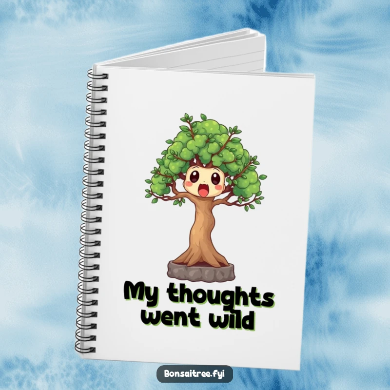 Funny surprised bonsai tree notebook, branches reaching out in shock, a humorous journal for capturing thoughts and ideas.