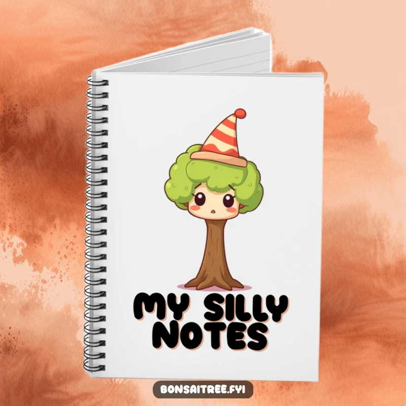Funny tree notebook featuring a tiny tree wearing a silly hat and looking surprised, ideal for writing and sketching.