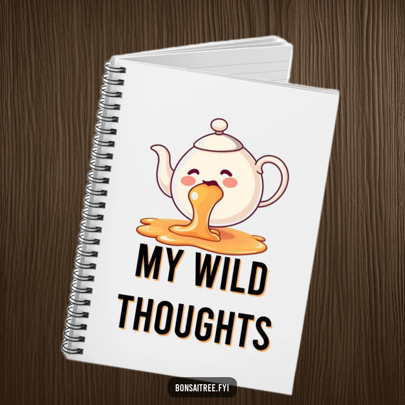 Funny teapot notebook cover, illustrating a cheerful rainbow tea spill, encouraging colorful and creative writing.