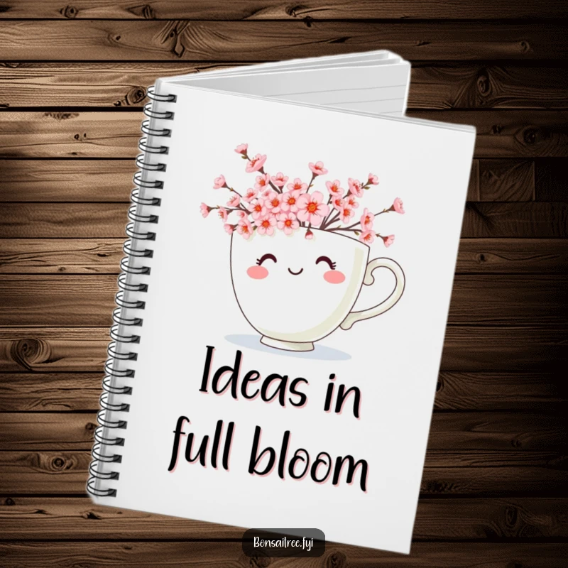 Funny notebook cover featuring a smiling teacup character brimming with miniature cherry blossoms, perfect for capturing floral-inspired thoughts.