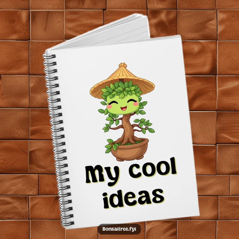 Funny Bonsai Tree Notebook: A cute bonsai character winking playfully while wearing a miniature straw hat, ideal for journaling.