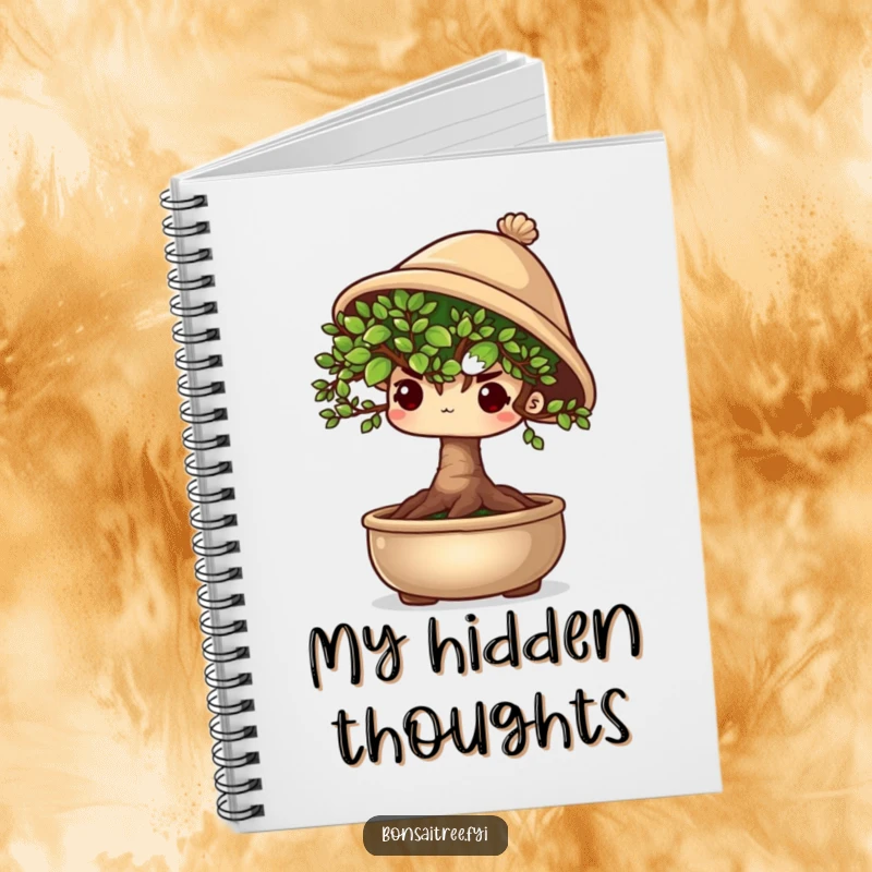 Funny shy bonsai tree character peeking out from under a tiny hat, inviting shy note-taking in a notebook.