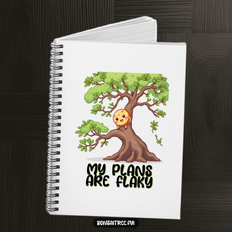 Funny notebook cover with a cookie character climbing a bonsai branch, designed for capturing funny thoughts and ideas.