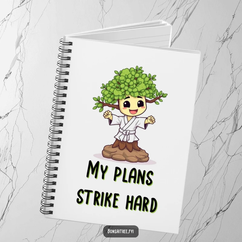 Funny notebook cover featuring a happy bonsai tree character performing a tiny karate chop. Ideal for documenting powerful ideas.