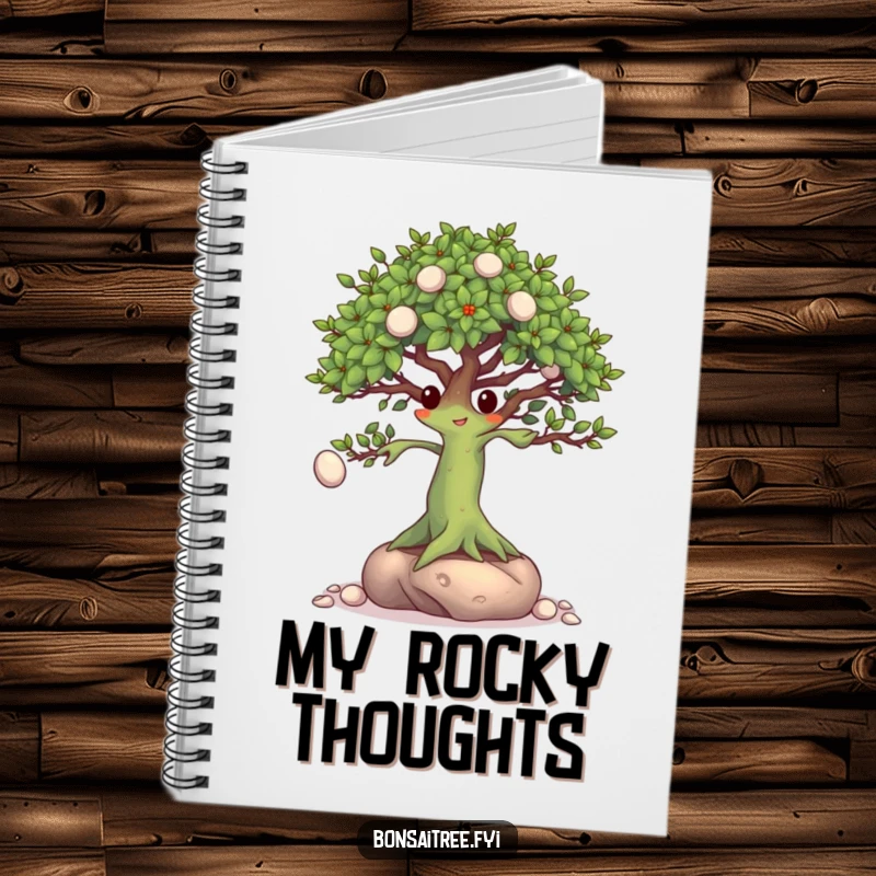 Funny Bonsai Tree Notebook: A dedicated bonsai character practicing juggling small pebbles with its branches, perfect for note-taking.
