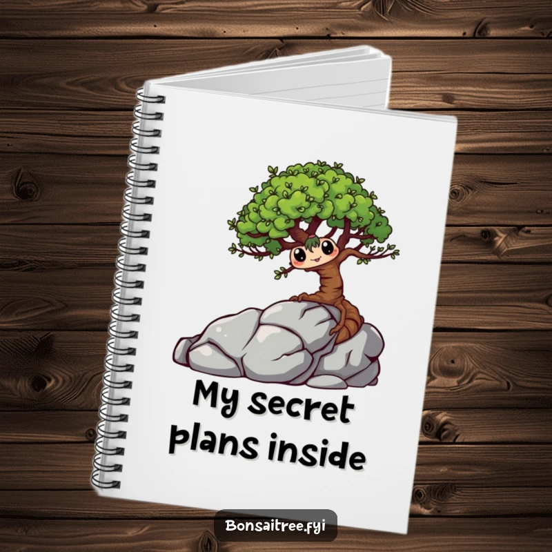 Funny Bonsai Tree Notebook with a mischievous character hiding behind a rock, ideal for jotting down notes with a touch of plant-based humor.