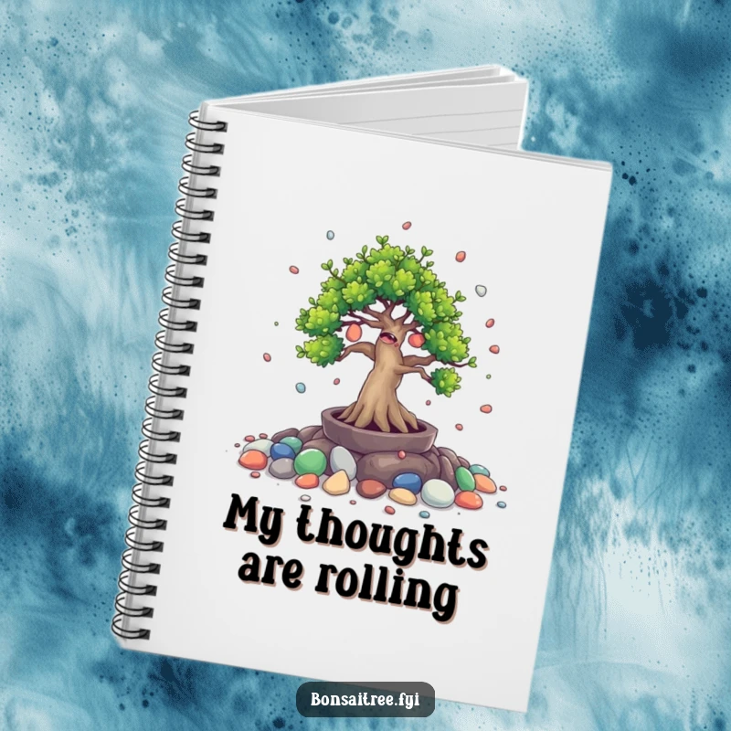 Funny notebook cover featuring a giggling bonsai tree character spilling small painted stones. Ideal for journaling with a smile.