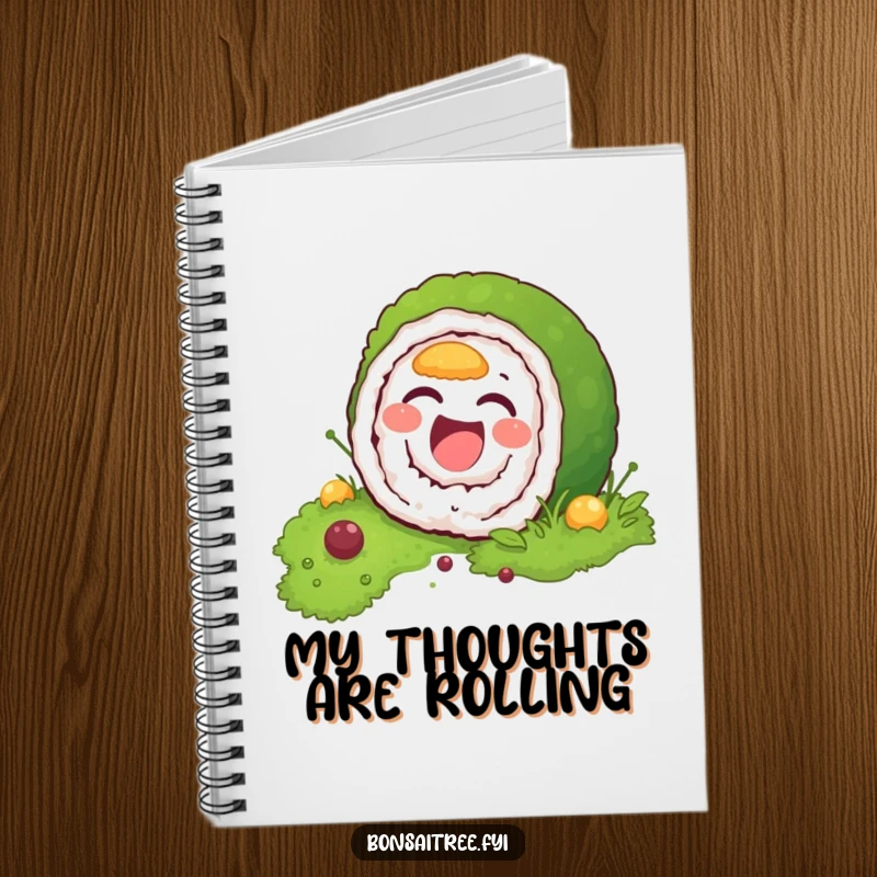 Funny notebook cover with a laughing sushi roll character attempting to camouflage itself in moss, designed for capturing amusing thoughts.