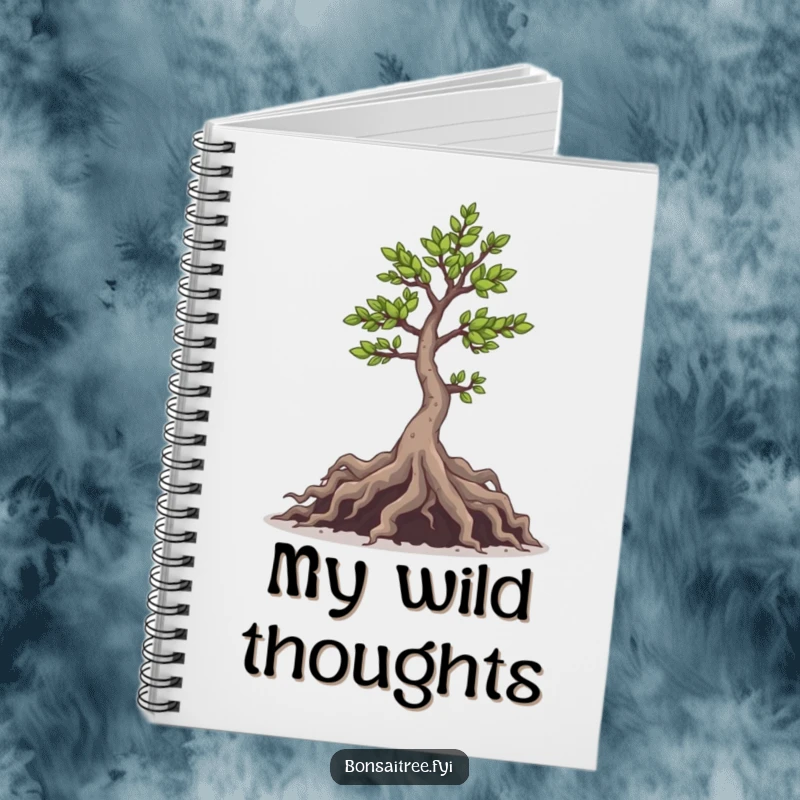 Funny notebook featuring a mischievous bonsai tree with sneaky roots, perfect for writing down brilliant (and mischievous) ideas.