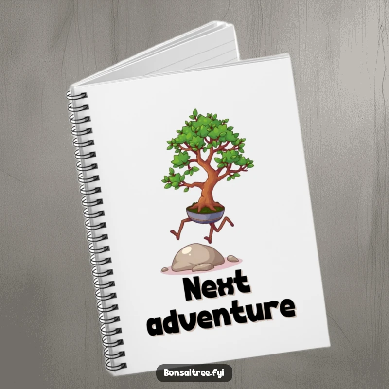 Funny notebook cover with a bonsai tree with legs mid-hop over a pebble, designed to inspire creative and humorous writing.