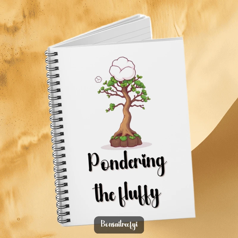 Funny notebook featuring a curious bonsai tree character looking at a cotton ball, perfect for notes and creative exploration.