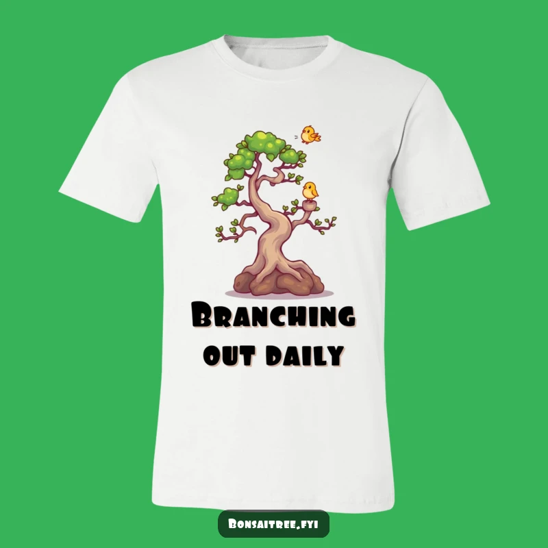 Funny Bonsai Giggling T-Shirt - Cute Character with Bird Landing Tee