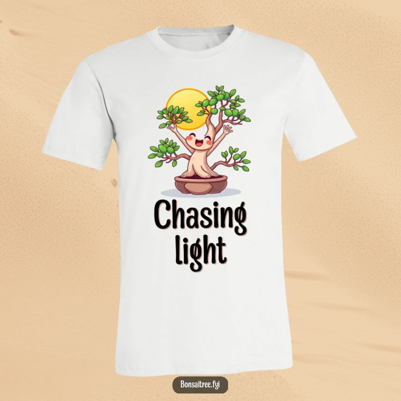 Funny beaming bonsai reaching for the sun on a t-shirt, perfect for sunny personalities and spreading optimistic humor.