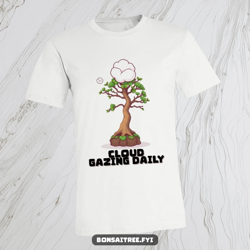 Funny t-shirt of a bonsai tree character looking up inquisitively at a floating cotton ball, symbolizing playful curiosity.