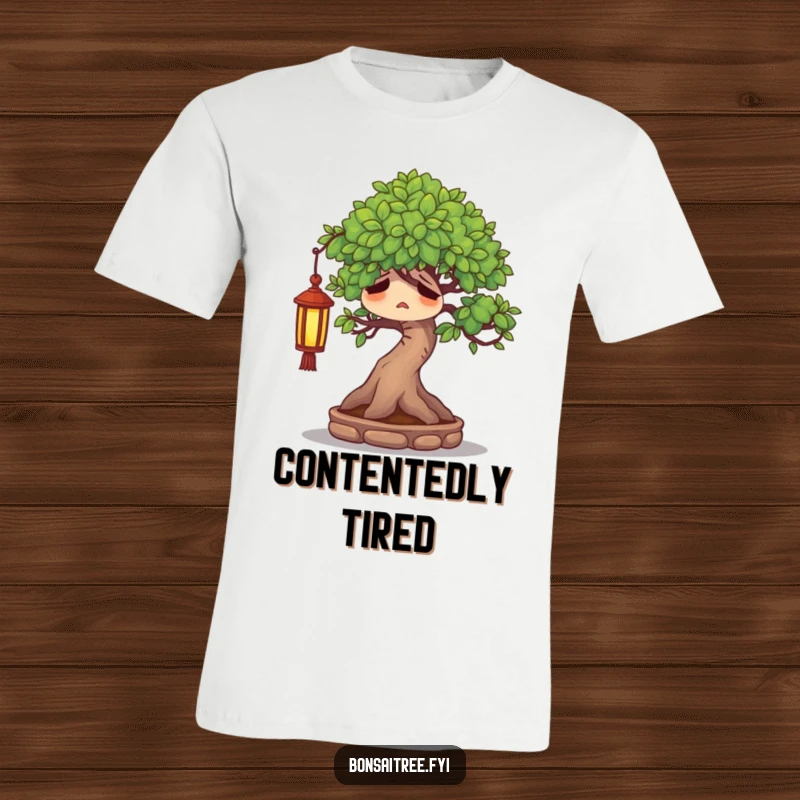 Funny weary bonsai tree character sighing contentedly under a tiny lantern, conveying peaceful exhaustion on a t-shirt.