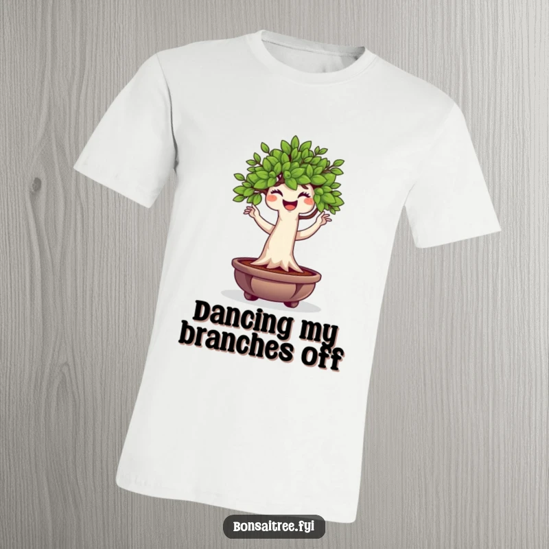 Funny Bonsai Tree T-Shirt of a plump character joyfully doing a wiggle dance, embodying playful plant spirit.