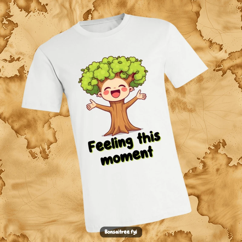 Funny t-shirt depicting a tree with arms up, cheering joyfully, perfect for expressing happiness.