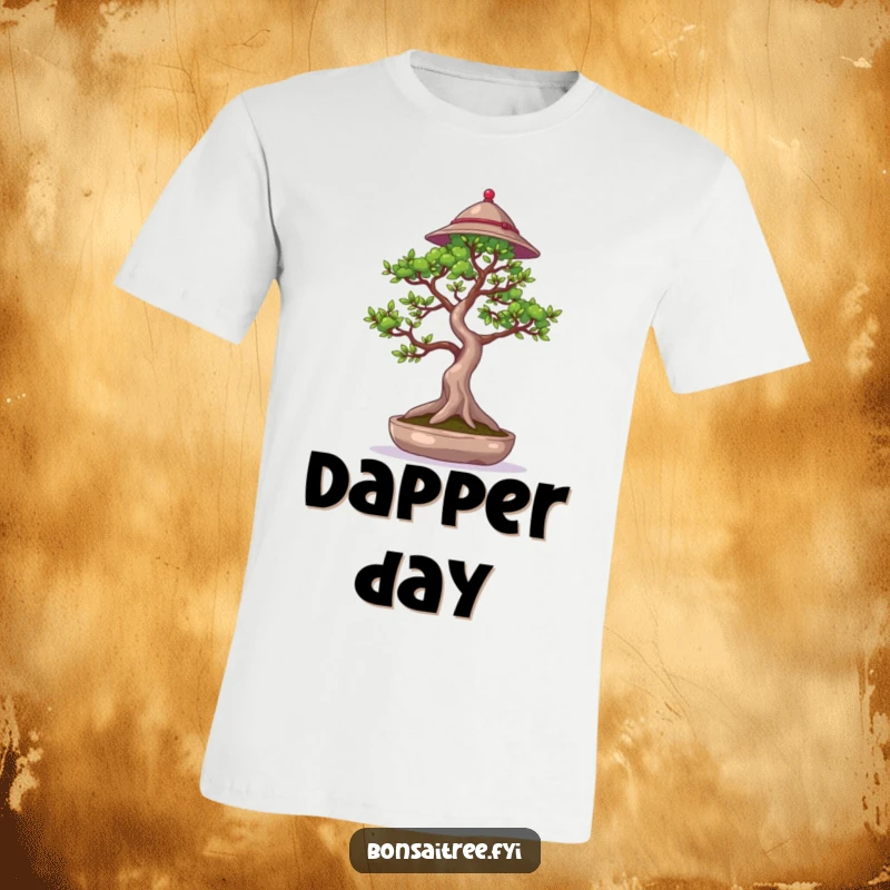 Funny t-shirt featuring a bonsai tree adorned with a small hat, waving a delicate branch in a friendly, polite gesture.