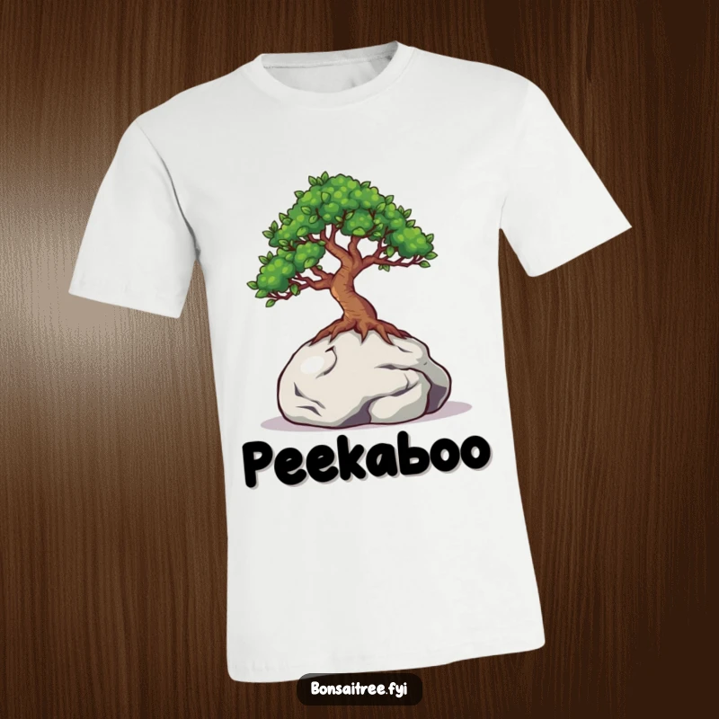 Funny t-shirt design featuring a bonsai tree with wide eyes cautiously peeking from behind a miniature rock, hinting at shyness.