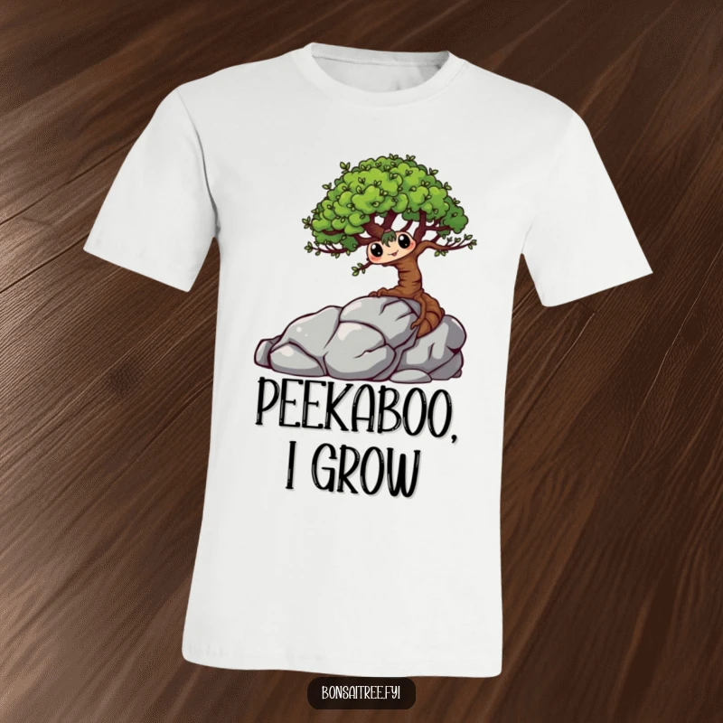 Funny Bonsai Tree T-Shirt of a mischievous character playfully hiding behind a rock, embodying a sneaky and fun plant spirit.