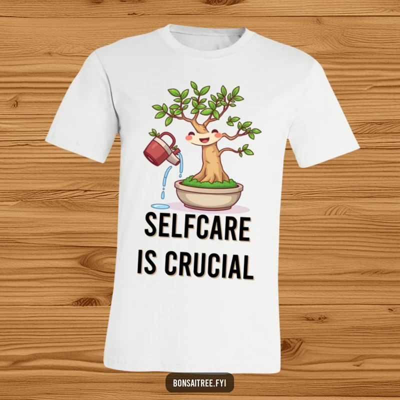 Funny T-shirt with a happy bonsai character watering itself with gusto, symbolizing self-love and plant care.