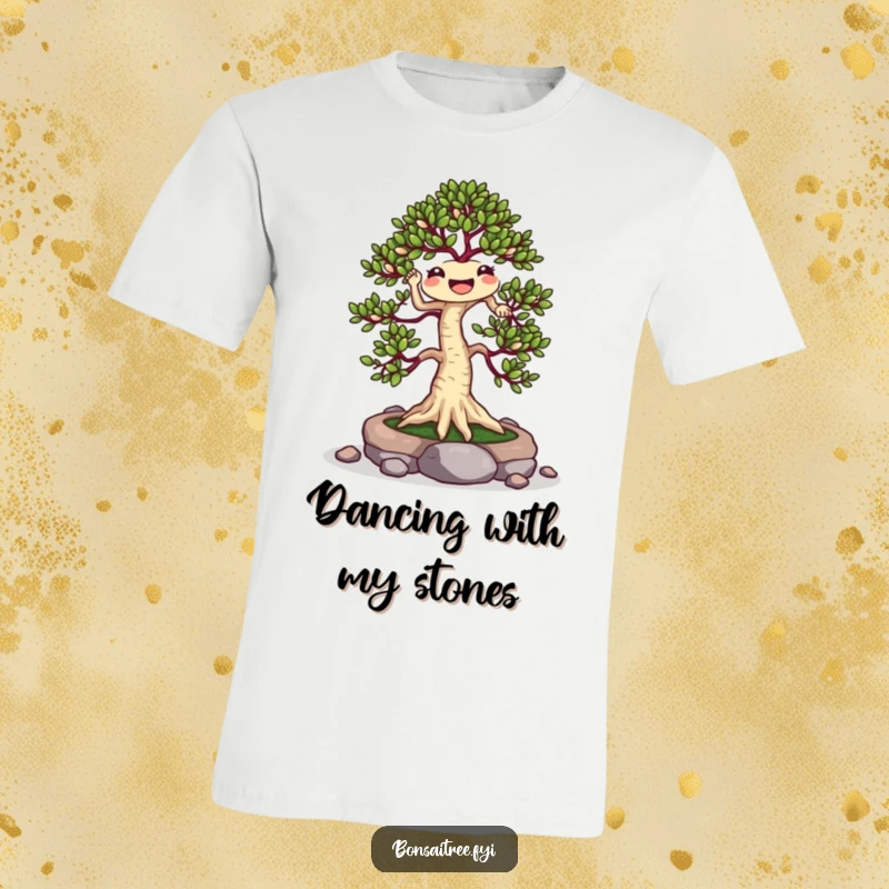 Funny Dancing Bonsai Tree T-Shirt: A cheerful bonsai performs a lively jig among small stones, showcasing a humorous and energetic design.