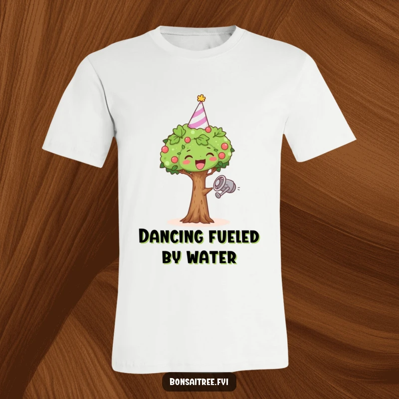 Funny T-shirt depicting a small bonsai tree in a party hat, dancing enthusiastically with a watering can.