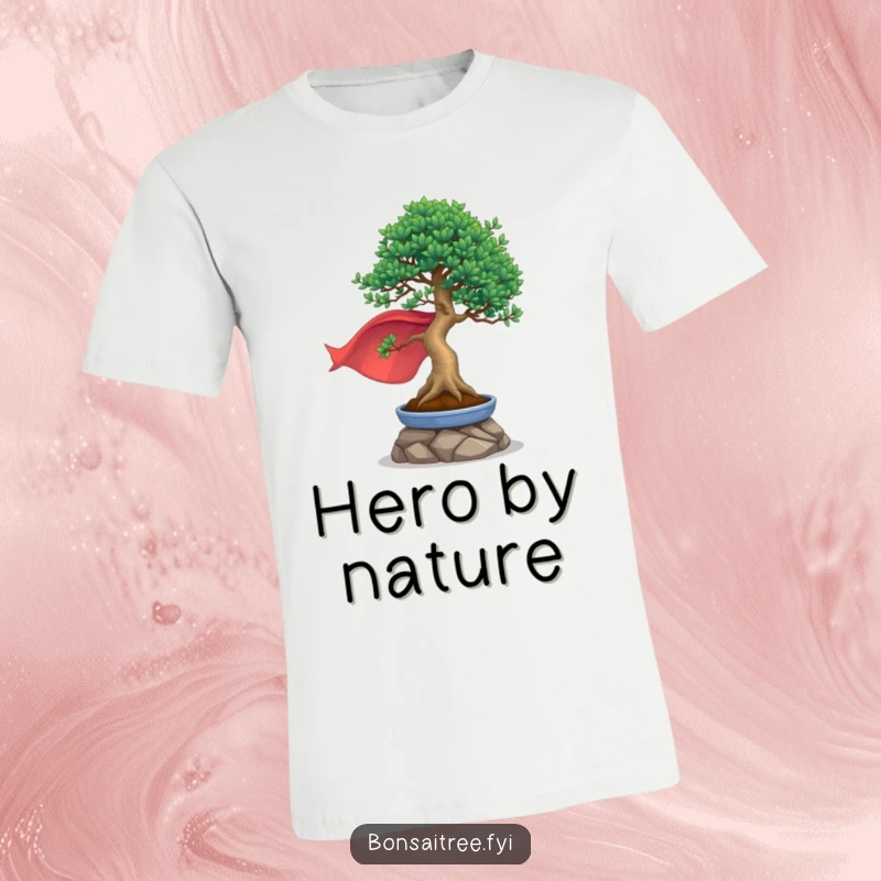 Funny t-shirt design of a bonsai tree in a cape, striking a heroic pose, ready for adventure and action.