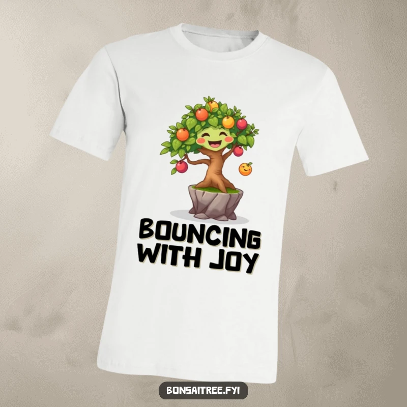 Funny joyful bonsai tree character bouncing a small, colorful fruit, looking energetic and happy on a t-shirt.