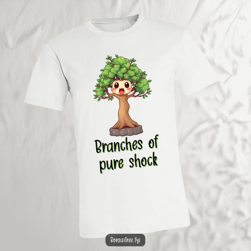 Funny surprised bonsai tree t-shirt with branches reaching out, a hilarious graphic tee perfect for expressing surprise and humor.