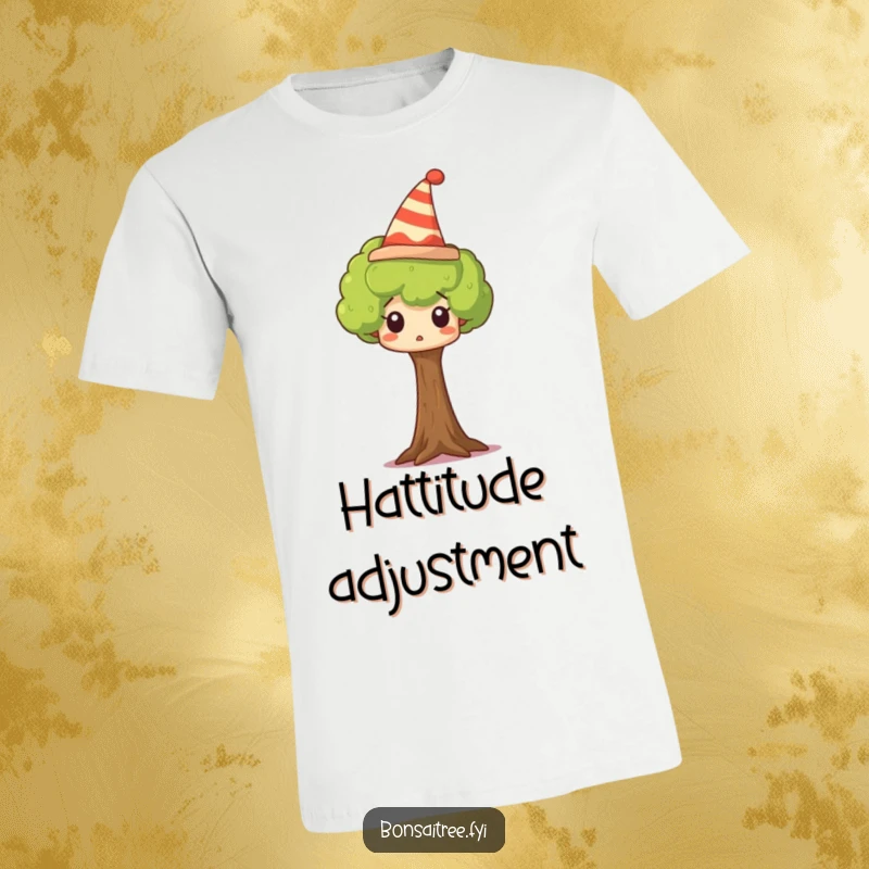Funny tree t-shirt showing a tiny tree wearing a bright, silly hat and looking genuinely surprised, with branches slightly raised.