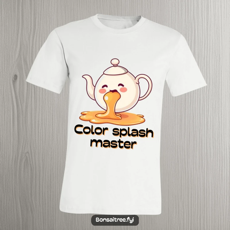 Funny teapot t-shirt, comically spilling a bright rainbow of tea, a cheerful and colorful design.