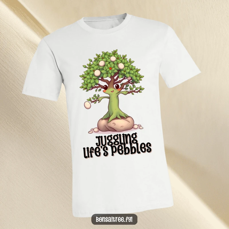 Funny Bonsai Tree T-Shirt: A focused bonsai character expertly juggling small pebbles with its branches, highlighting concentration and skill.