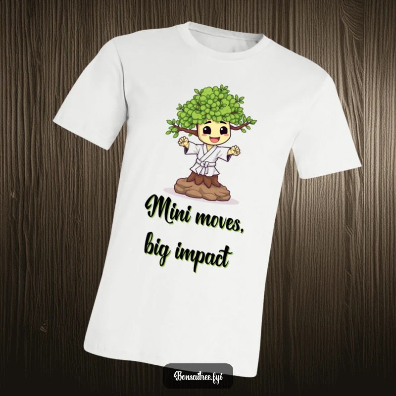 Funny t-shirt with a happy bonsai tree character executing a swift and tiny karate chop. Bold and humorous design.