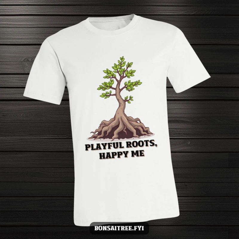 Funny t-shirt depicting a mischievous bonsai tree with sly roots peeking out, embodying playful trickery and humor.