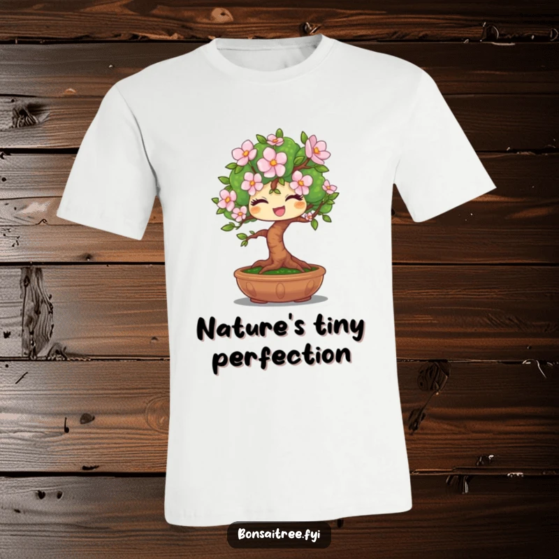 Funny t-shirt featuring a winking bonsai tree character presenting a delicate bloom, exuding a playful and sweet vibe.