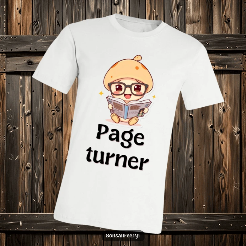 Funny mushroom t-shirt with large spectacles, deeply absorbed in reading a comic book, showcasing intellectual humor.